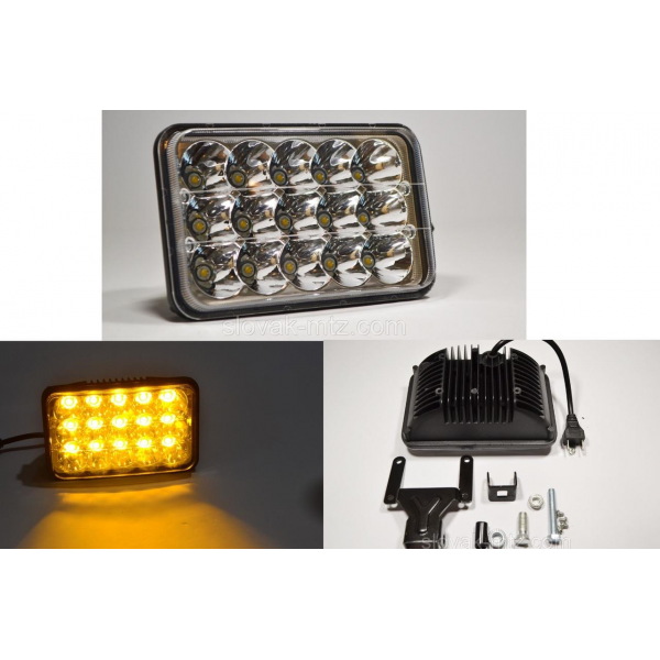 Світлодіодна LED фара ближній+дальній 45Вт 15ламп прямокутна (на 2 режими) Жовтий світло